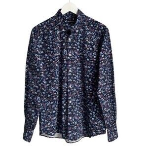 Massimo Dutti Navy Floral Print Shirt Medium Brushed Cotton Casual Work Fall EUC